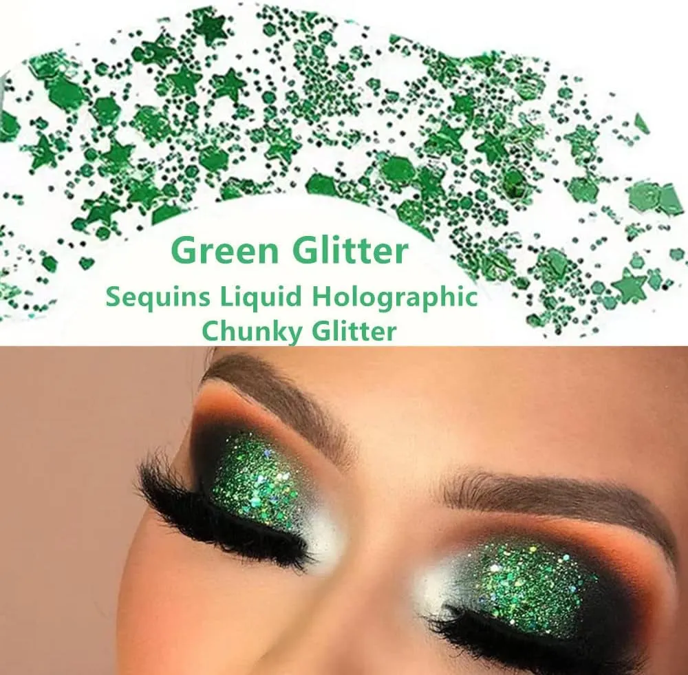 Green Face Body Glitter,St Patricks Day Face Glitter Makeup,Green Face Paint Holographic Chunky Sequins Glitters for Eye Lip Hair Nails,Festival Rave Accessories,52G