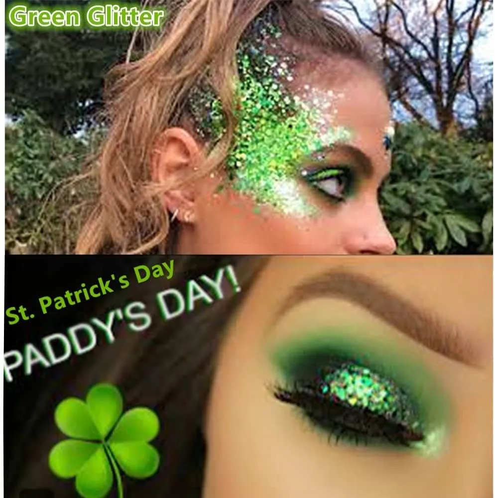Green Face Body Glitter,St Patricks Day Face Glitter Makeup,Green Face Paint Holographic Chunky Sequins Glitters for Eye Lip Hair Nails,Festival Rave Accessories,52G