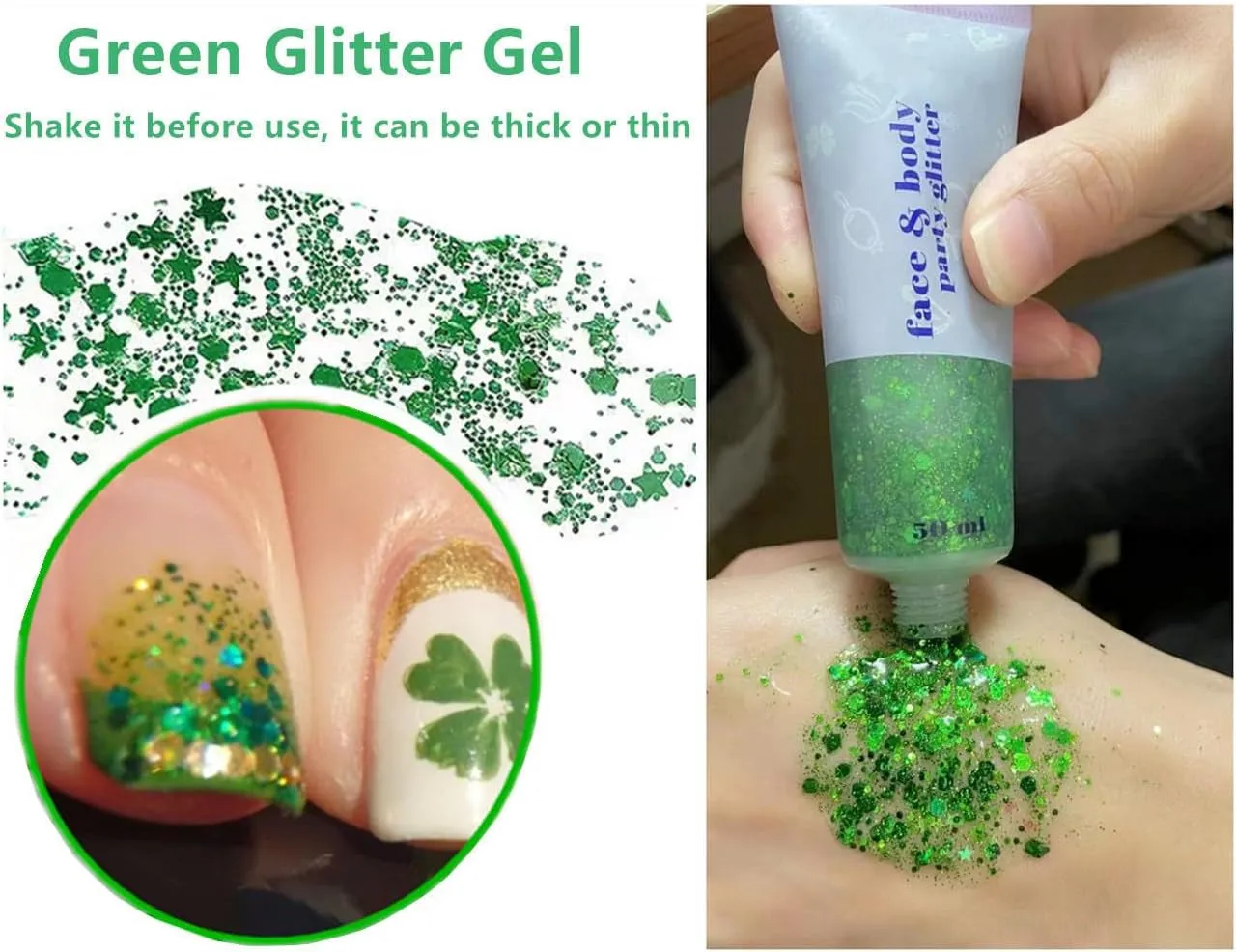 Green Face Body Glitter,St Patricks Day Face Glitter Makeup,Green Face Paint Holographic Chunky Sequins Glitters for Eye Lip Hair Nails,Festival Rave Accessories,52G