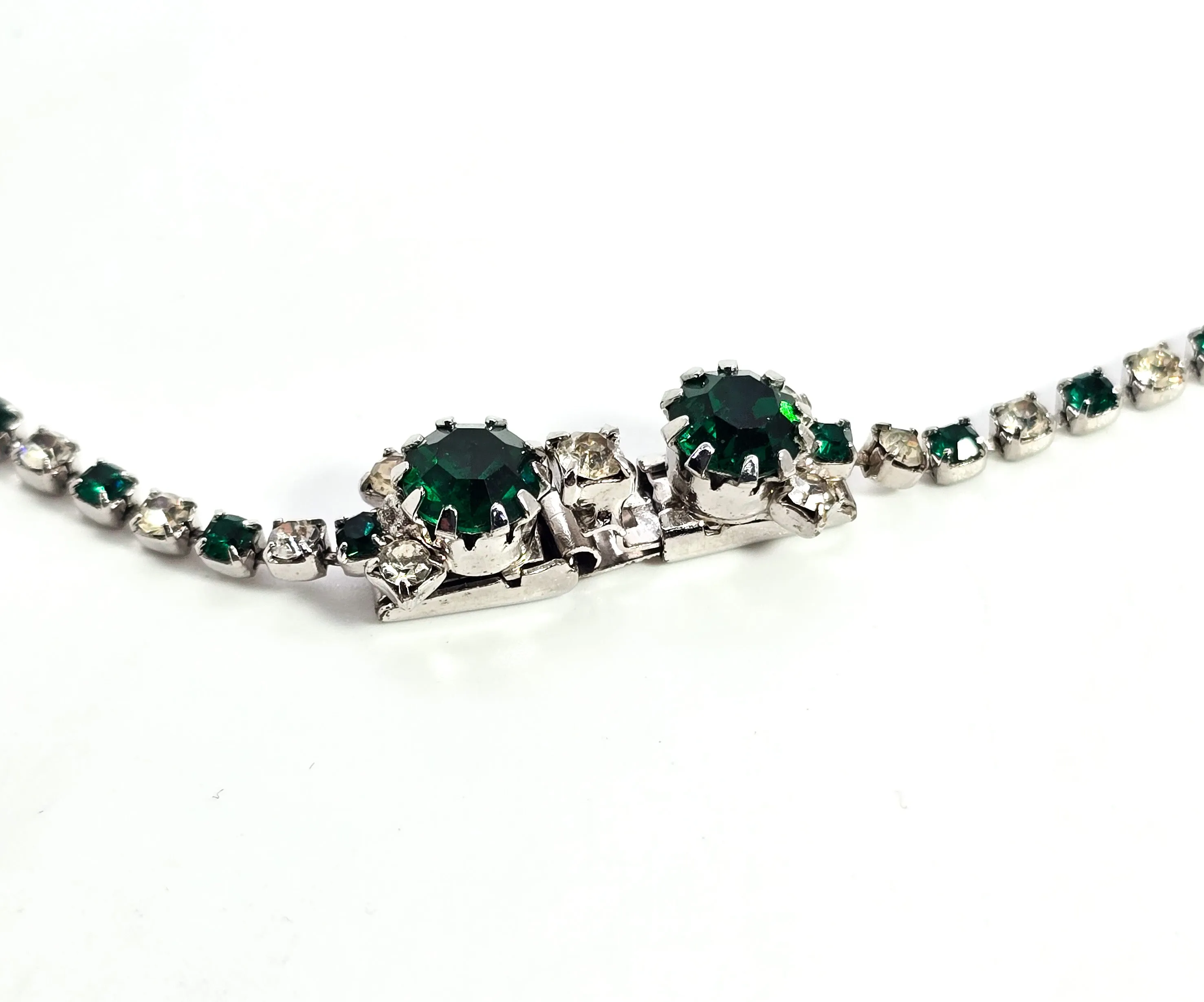 Green rhinestone pear cut vintage halo necklace and clip on earrings demi parure set