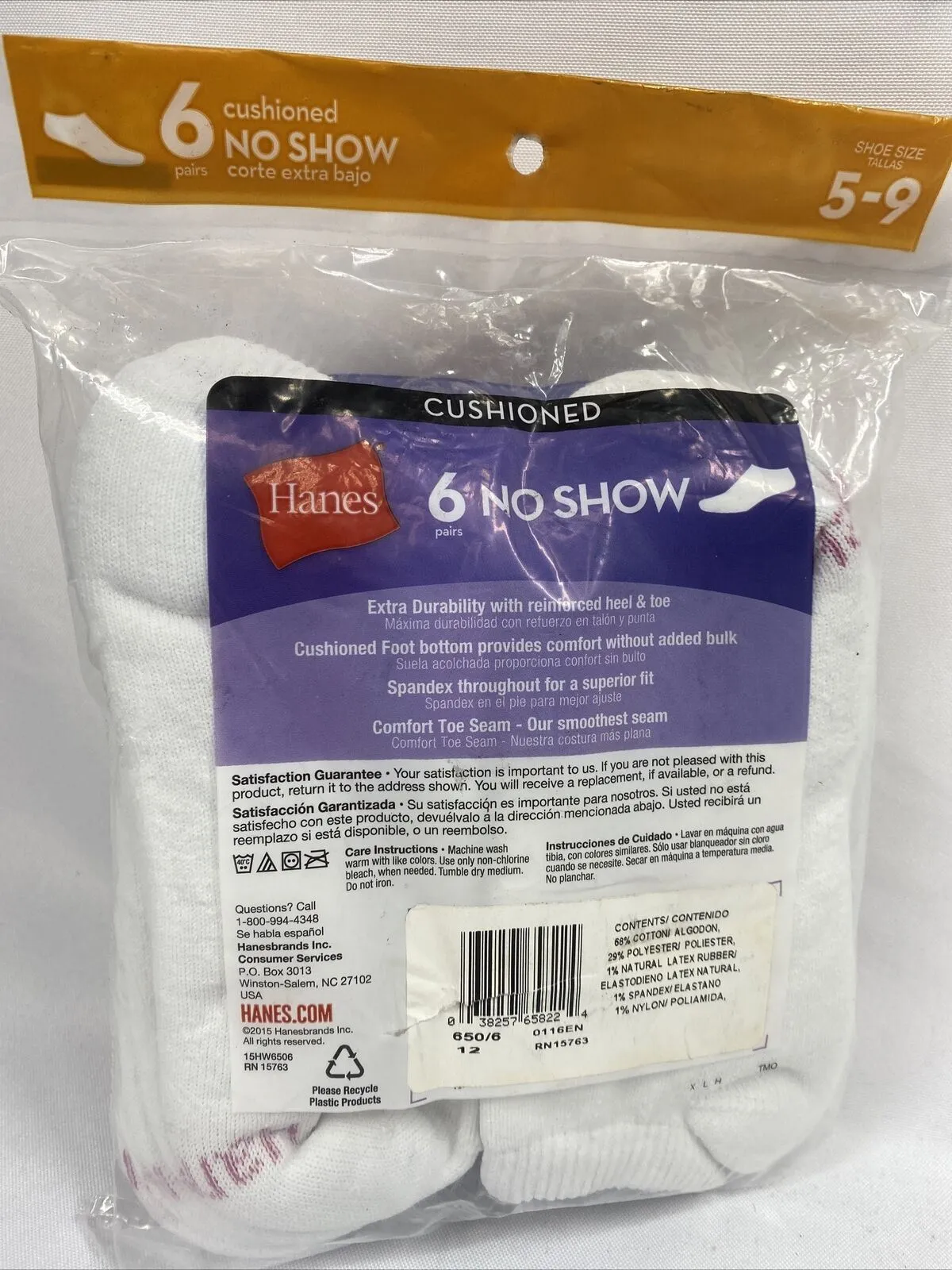 Hanes Womens Cushioned No Show Socks Shoe Size 5-9 Med White 6-Pair