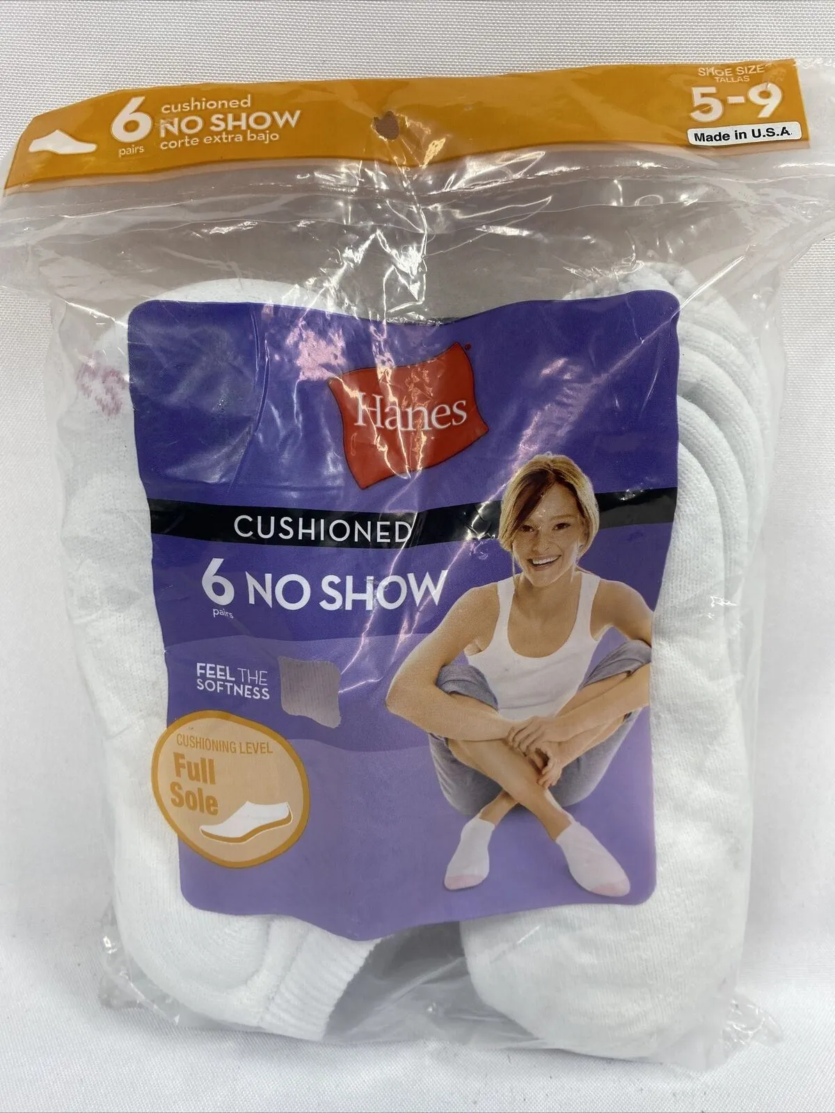 Hanes Womens Cushioned No Show Socks Shoe Size 5-9 Med White 6-Pair