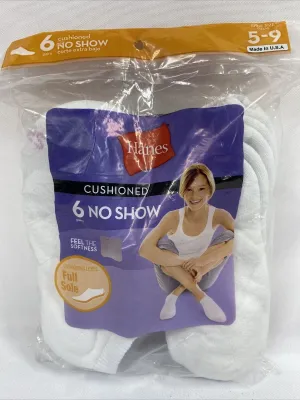 Hanes Womens Cushioned No Show Socks Shoe Size 5-9 Med White 6-Pair