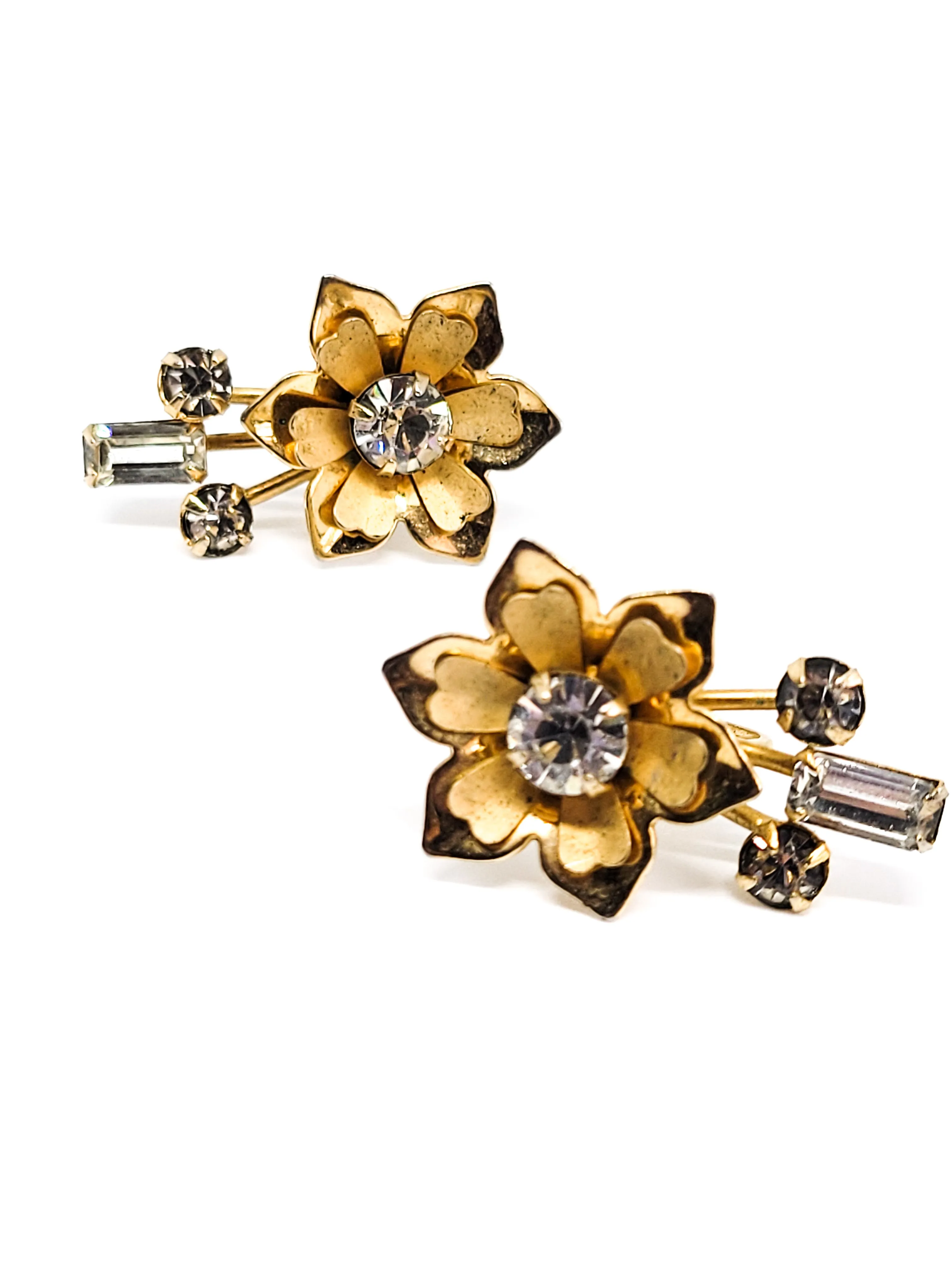 Happy flower Gold Filled and clear rhinestone vintage screw earrings