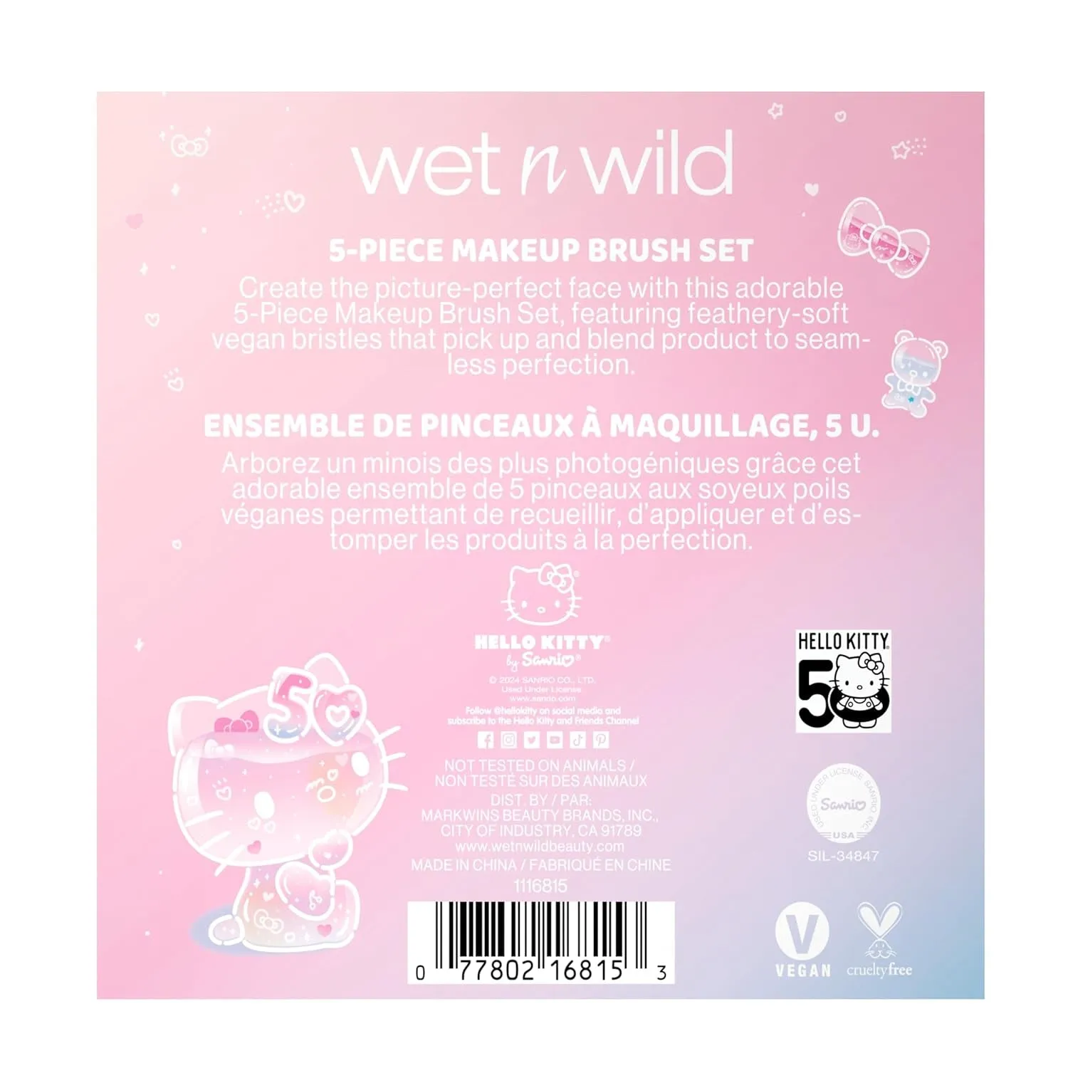 Hello Kitty 5-Piece Makeup Brush Set, Buildable & Blendable Multifunctional Seamless Application, Cruelty-Free & Vegan Feathery Soft Bristles
