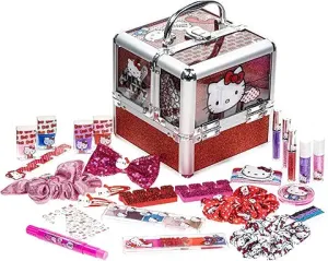 Hello Kitty -  Train Case Cosmetic Makeup Set Includes Lip Gloss, Eye Shimmer, Nail Polish, Hair Accessories & More! for Girls, Ages 6  Perfect for Parties & Makeovers