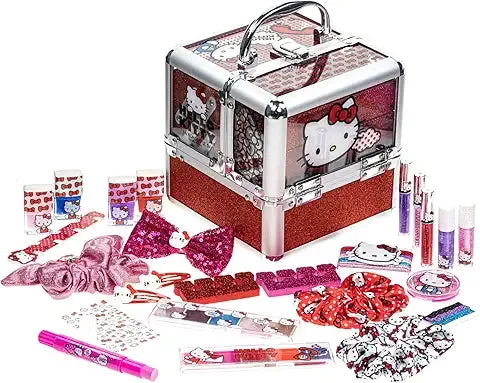 Hello Kitty -  Train Case Cosmetic Makeup Set Includes Lip Gloss, Eye Shimmer, Nail Polish, Hair Accessories & More! for Girls, Ages 6  Perfect for Parties & Makeovers