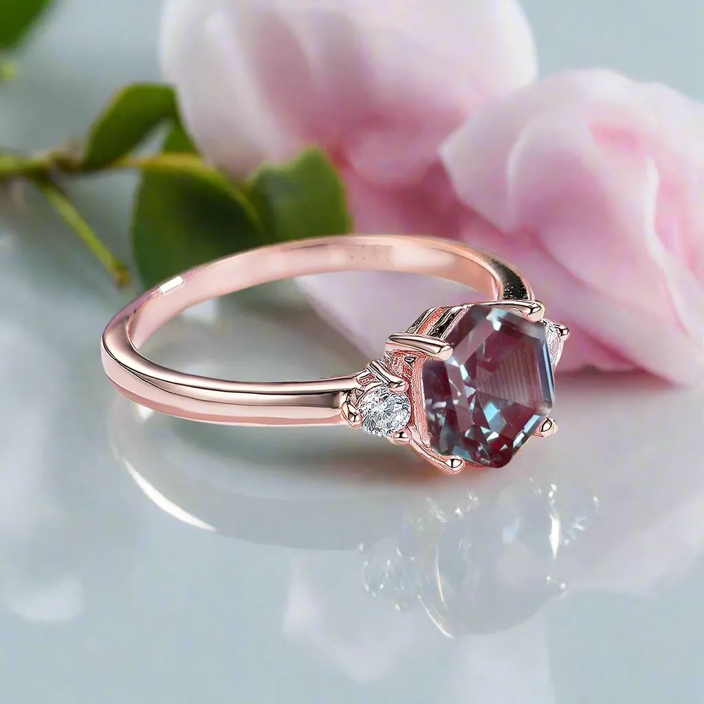 Hexagon Lab Grown Alexandrite Gemstone Ring