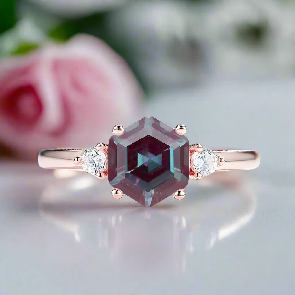Hexagon Lab Grown Alexandrite Gemstone Ring