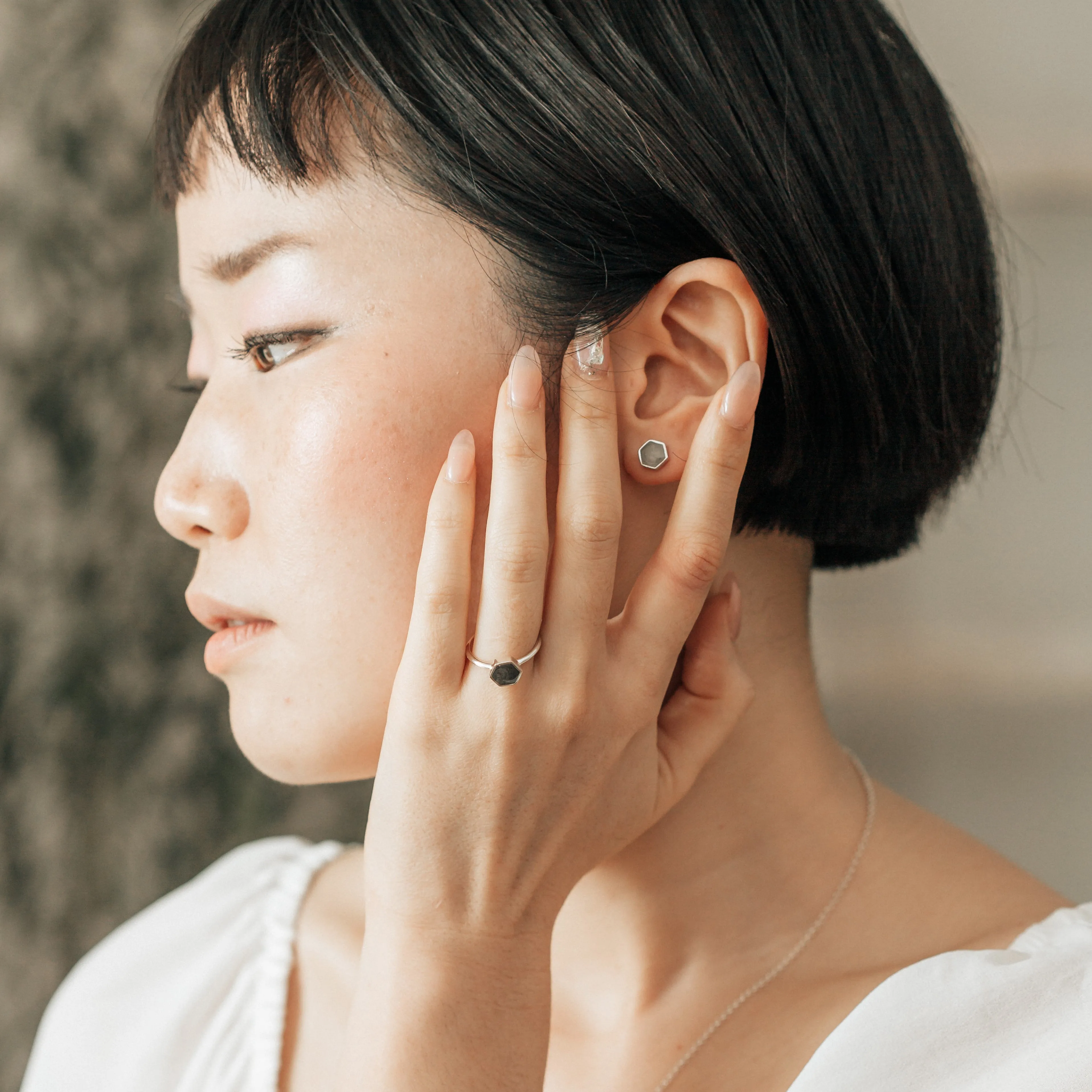 Hexagon Stud Cremation Earrings in 14K Rose Gold