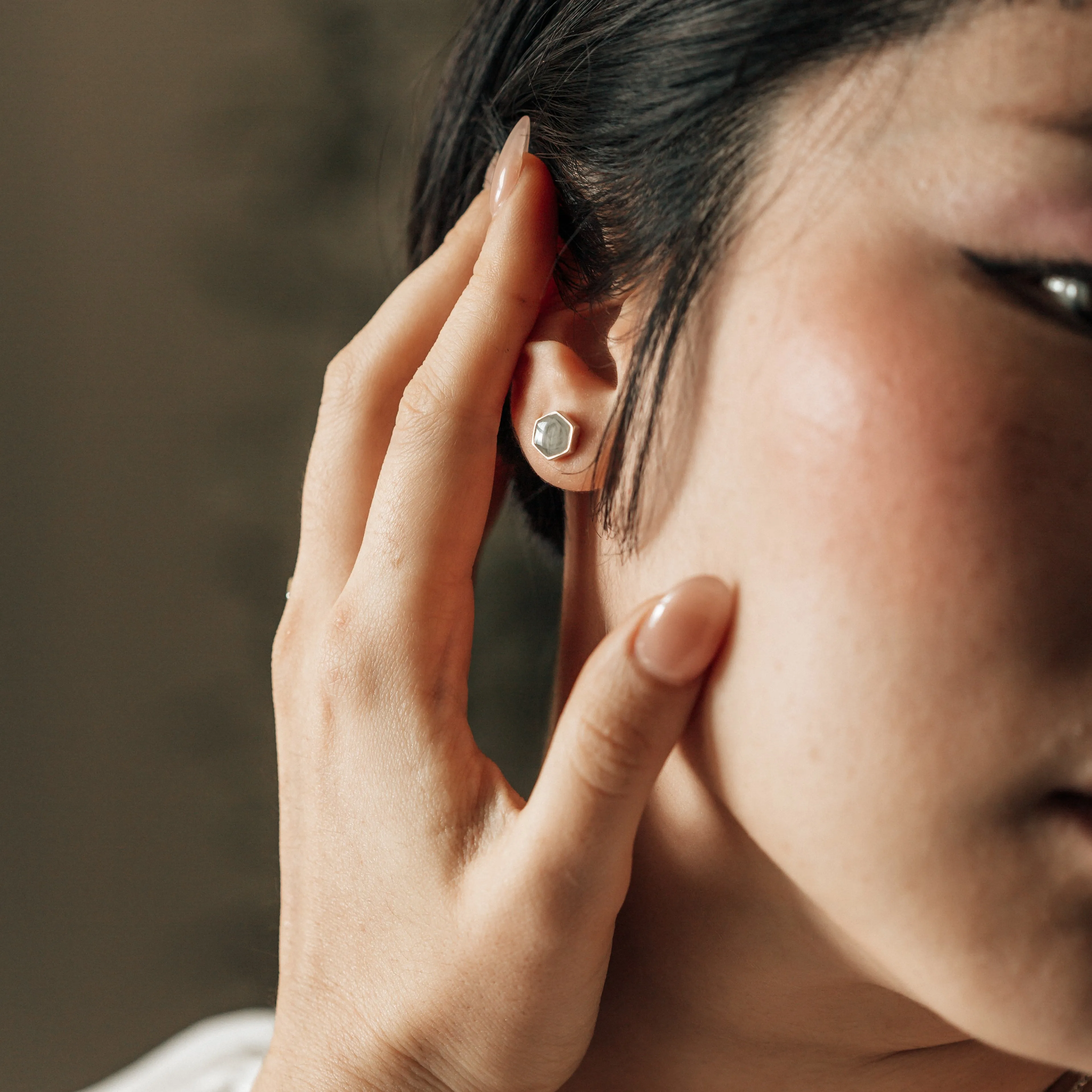 Hexagon Stud Cremation Earrings in 14K Rose Gold