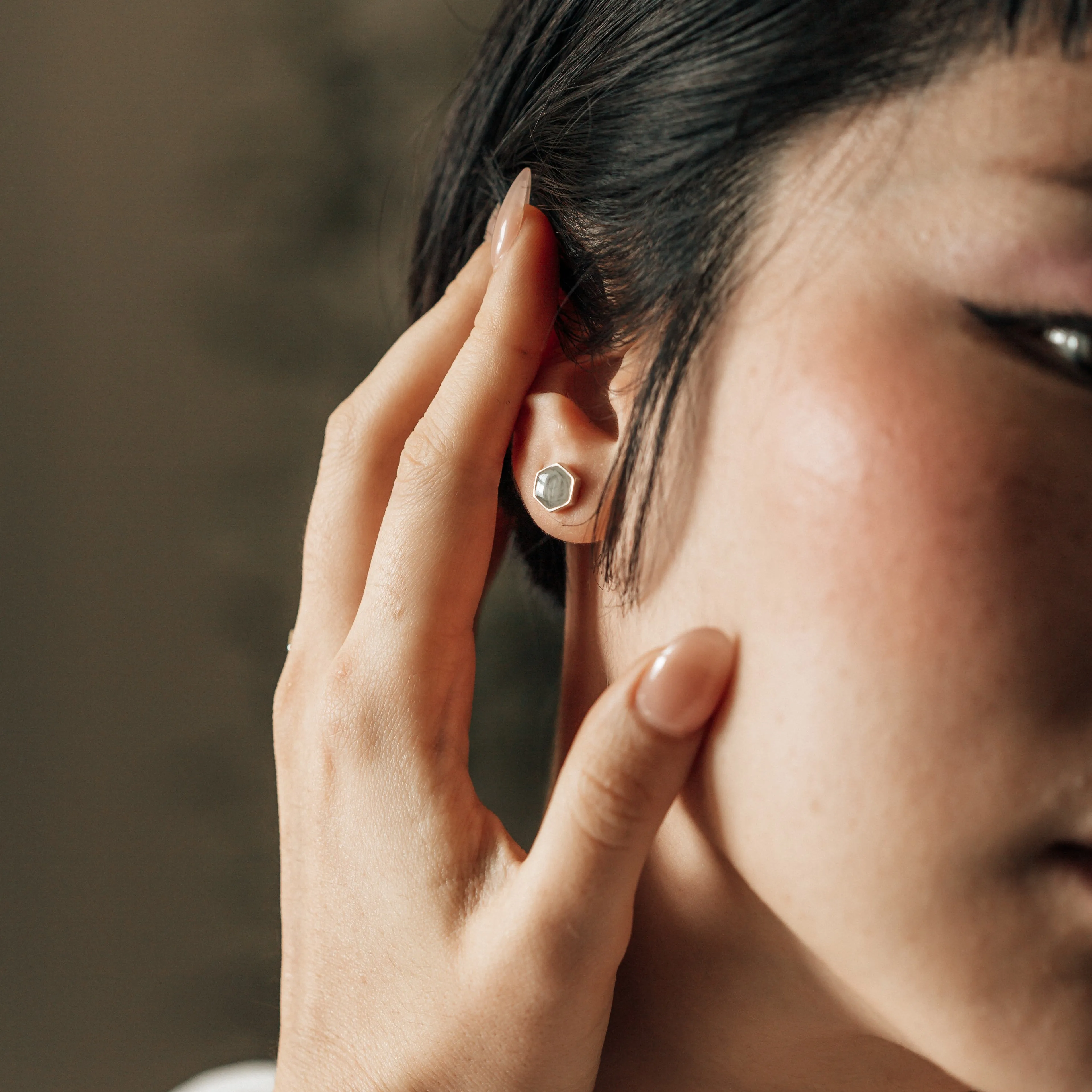 Hexagon Stud Cremation Earrings in 14K White Gold