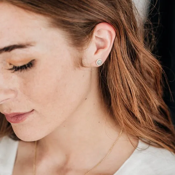 Hexagon Stud Cremation Earrings in 14K White Gold