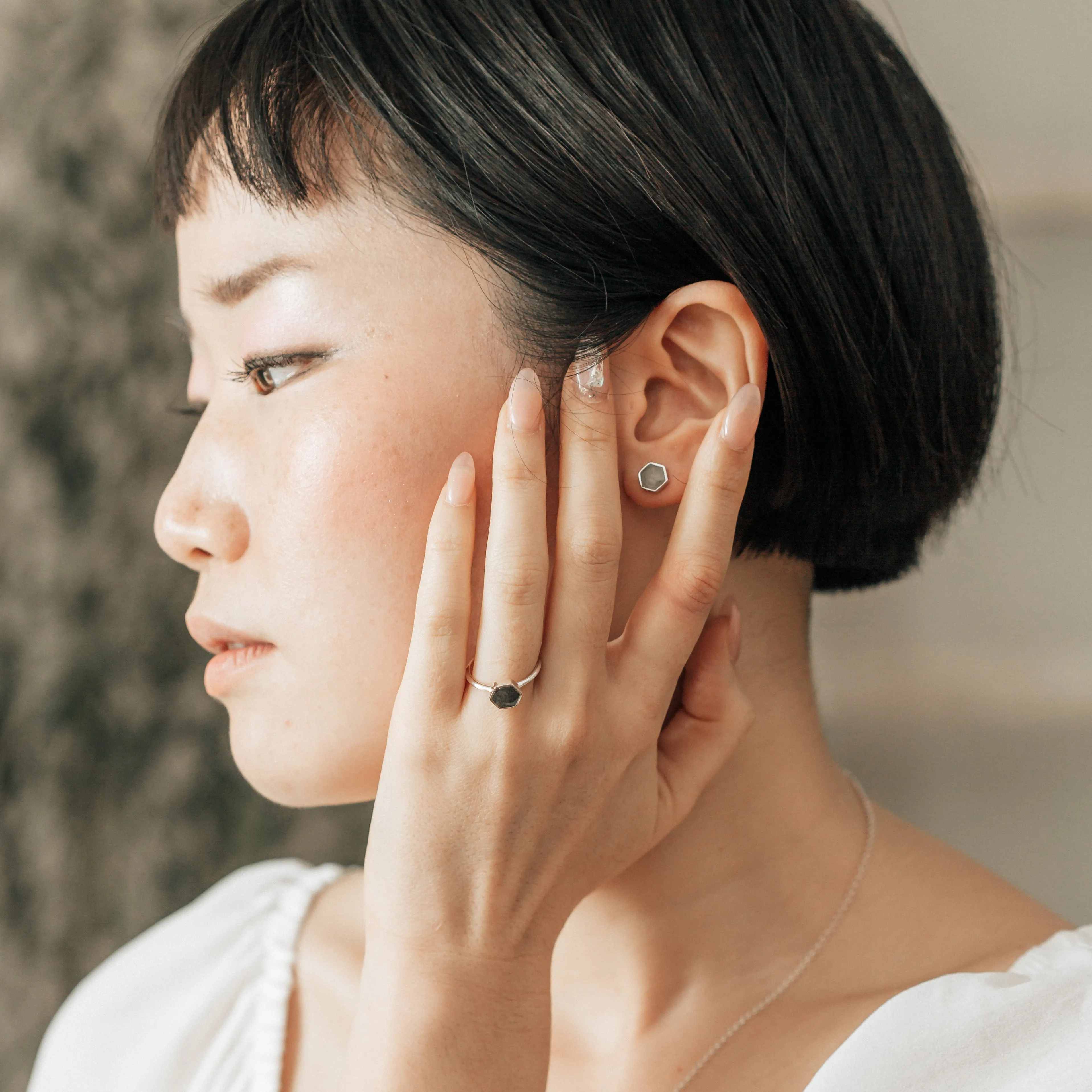 Hexagon Stud Cremation Earrings in 14K White Gold