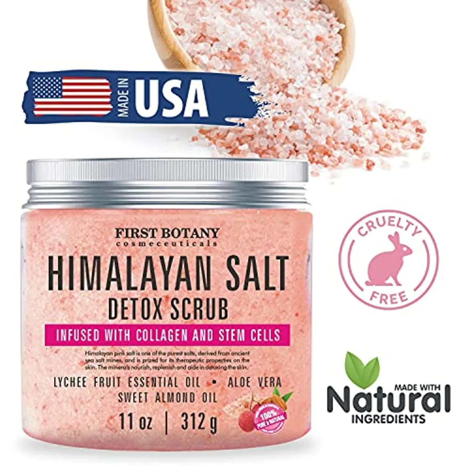 Himalayan Salt Body Scrub with Collagen and Stem Cells - Natural Exfoliating Salt Scrub & Body and Face Souffle helps with Moisturizing Skin, Acne, Cellulite, Dead Skin Scars, Wrinkles (11 oz)