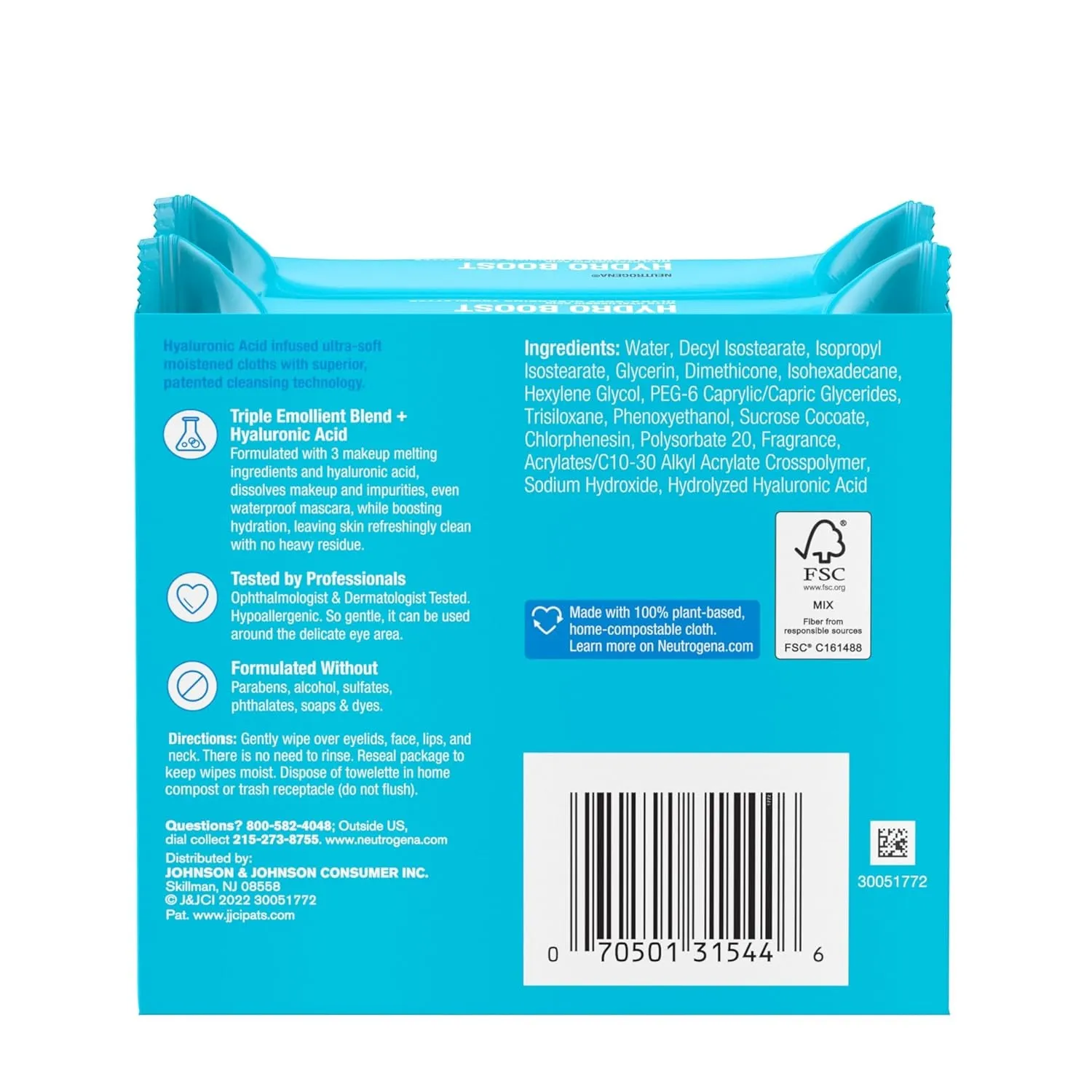Hydro Boost Face Wipes   Hyaluronic Acid, Hydrating Makeup Remover Wipes Remove Dirt & Waterproof Makeup, Hypoallergenic, 100% Plant-Based Cloth, 2 X 25 Ct