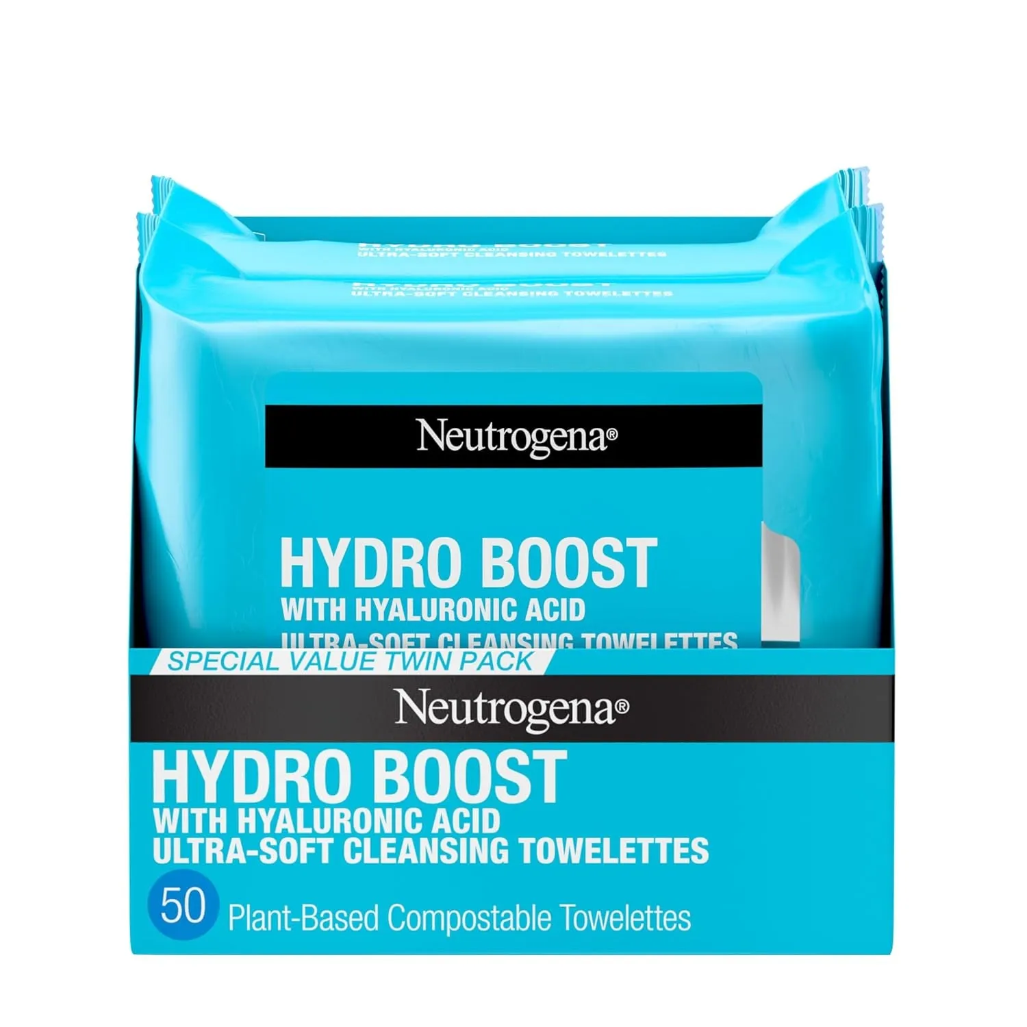 Hydro Boost Face Wipes   Hyaluronic Acid, Hydrating Makeup Remover Wipes Remove Dirt & Waterproof Makeup, Hypoallergenic, 100% Plant-Based Cloth, 2 X 25 Ct