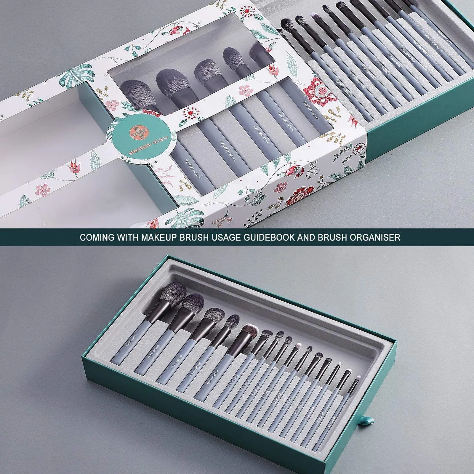 JADE SERIES - 15 PCS MAKEUP BRUSH KIT IN GIFT BOX - AGATE GREY