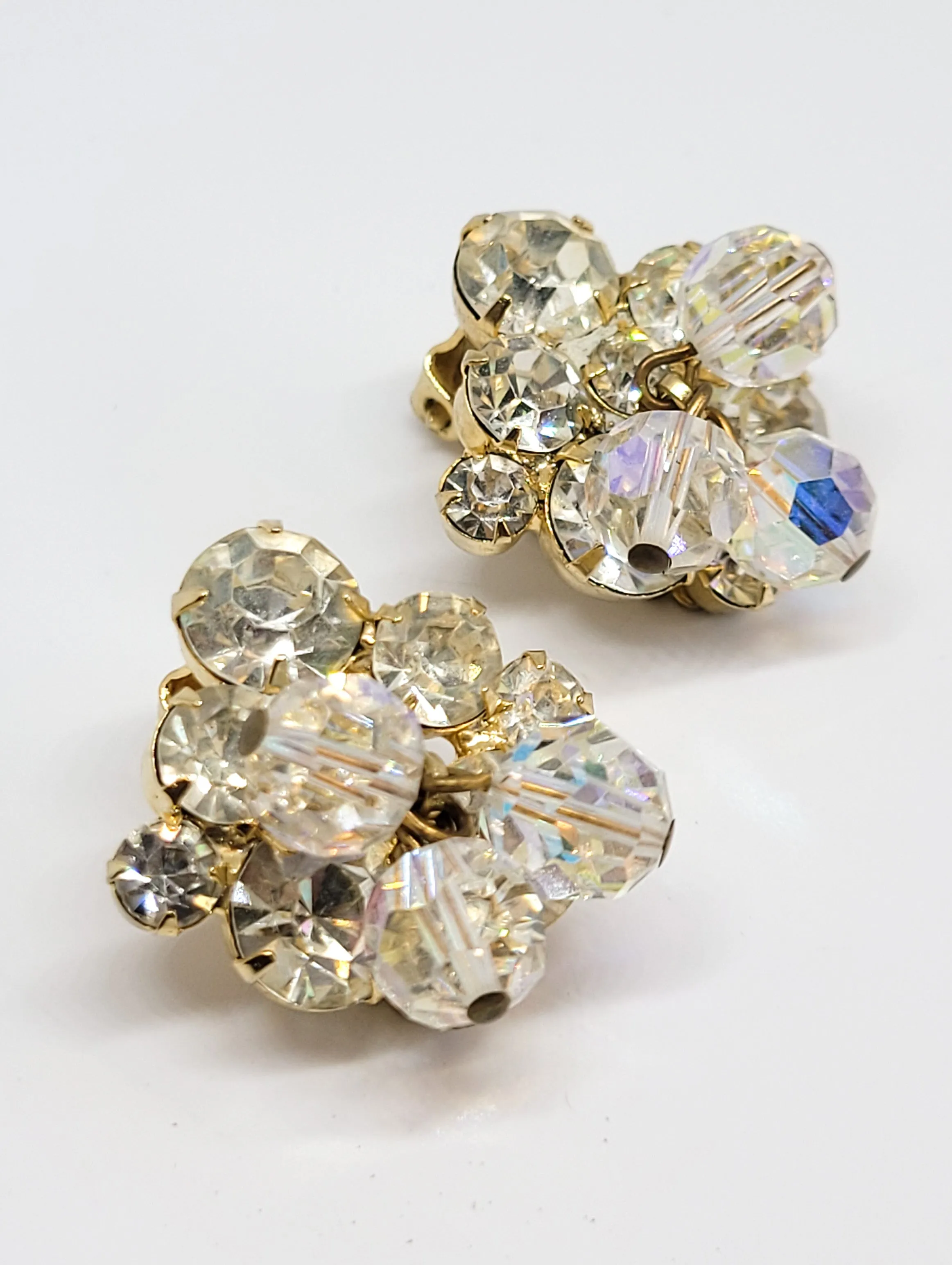 Juliana verified beaded aurora borealis clear rhinestone chaton vintage clip on earrings