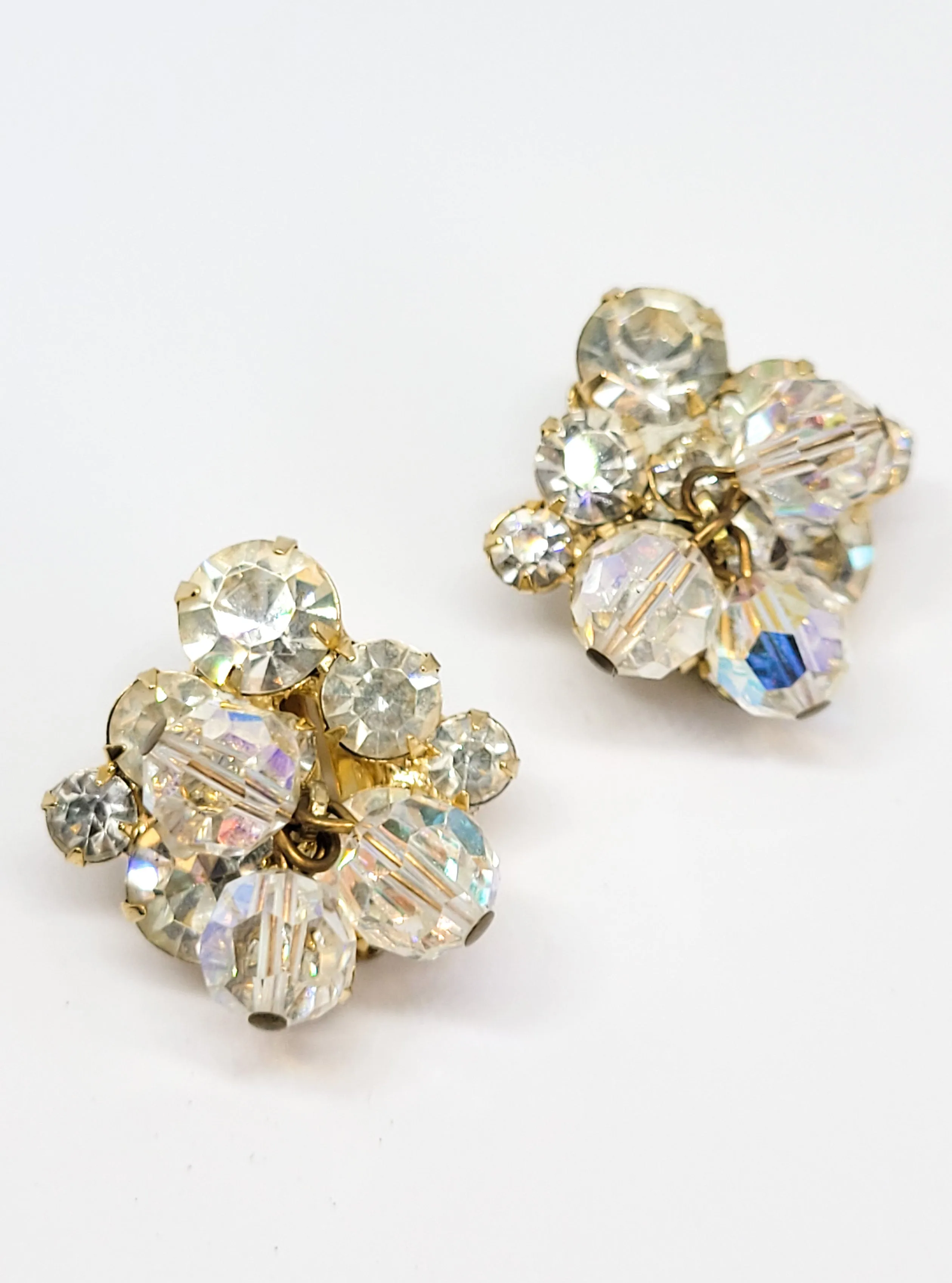 Juliana verified beaded aurora borealis clear rhinestone chaton vintage clip on earrings