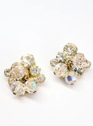 Juliana verified beaded aurora borealis clear rhinestone chaton vintage clip on earrings