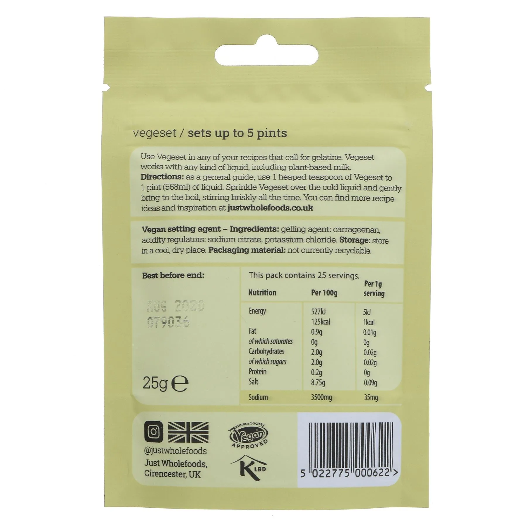 Just Wholefoods | Vegeset - Setting Agent | 25G