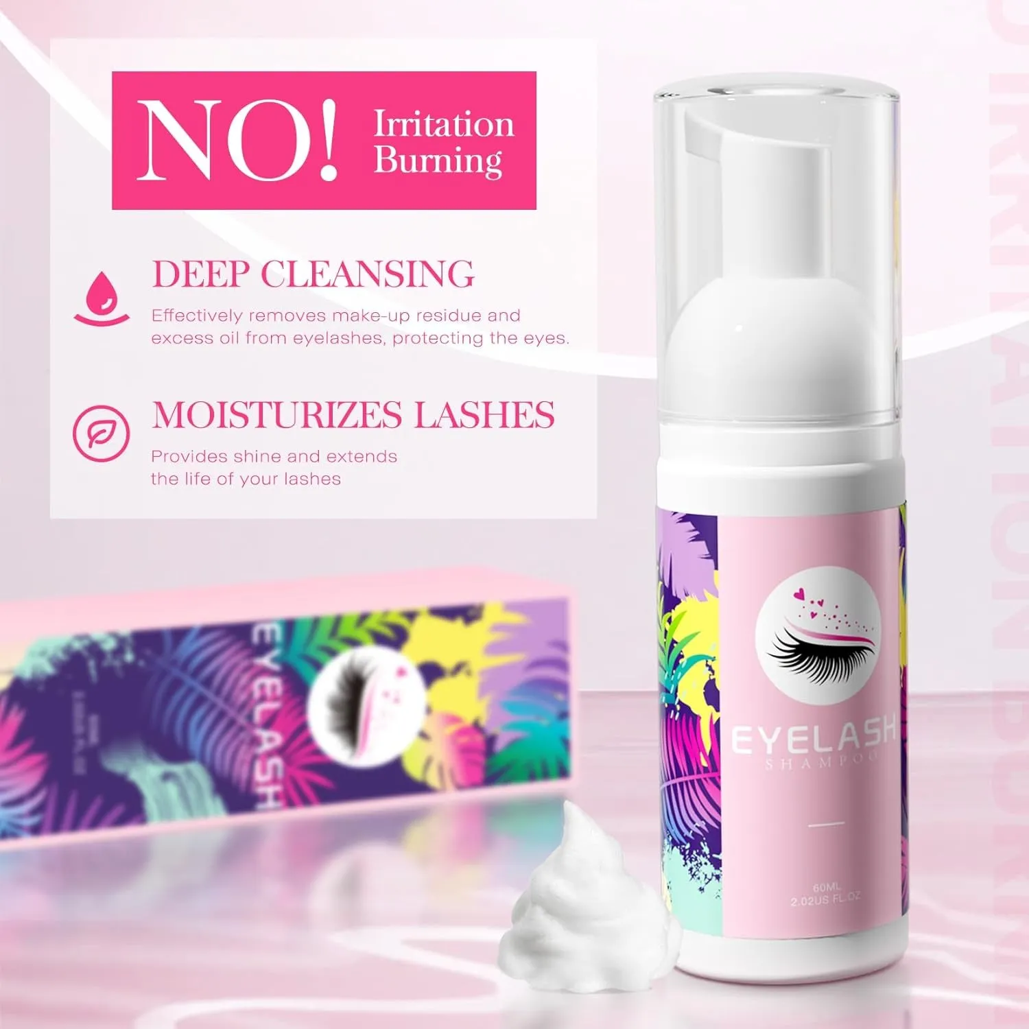 Lash Shampoo for Lash Extensions 60Ml Eyelash Extension Cleanser Lash Shampoo Cleaning Kit with Shampoo Brush & Mascara Brush-No Irritating Foaming Eyelash Makeup Remover for Home Salon Use