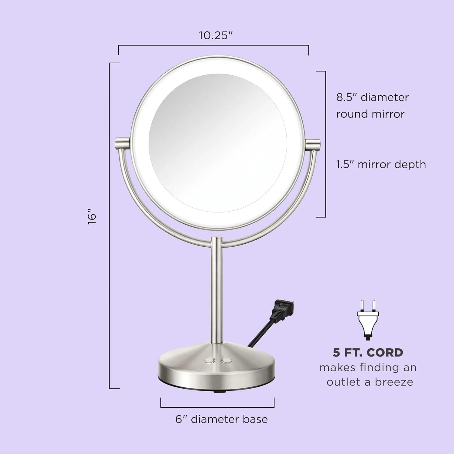 Lighted Makeup Mirror, LED Vanity Mirror, 1X/10X Magnifying Mirror, Corded in Satin Nickel Finish