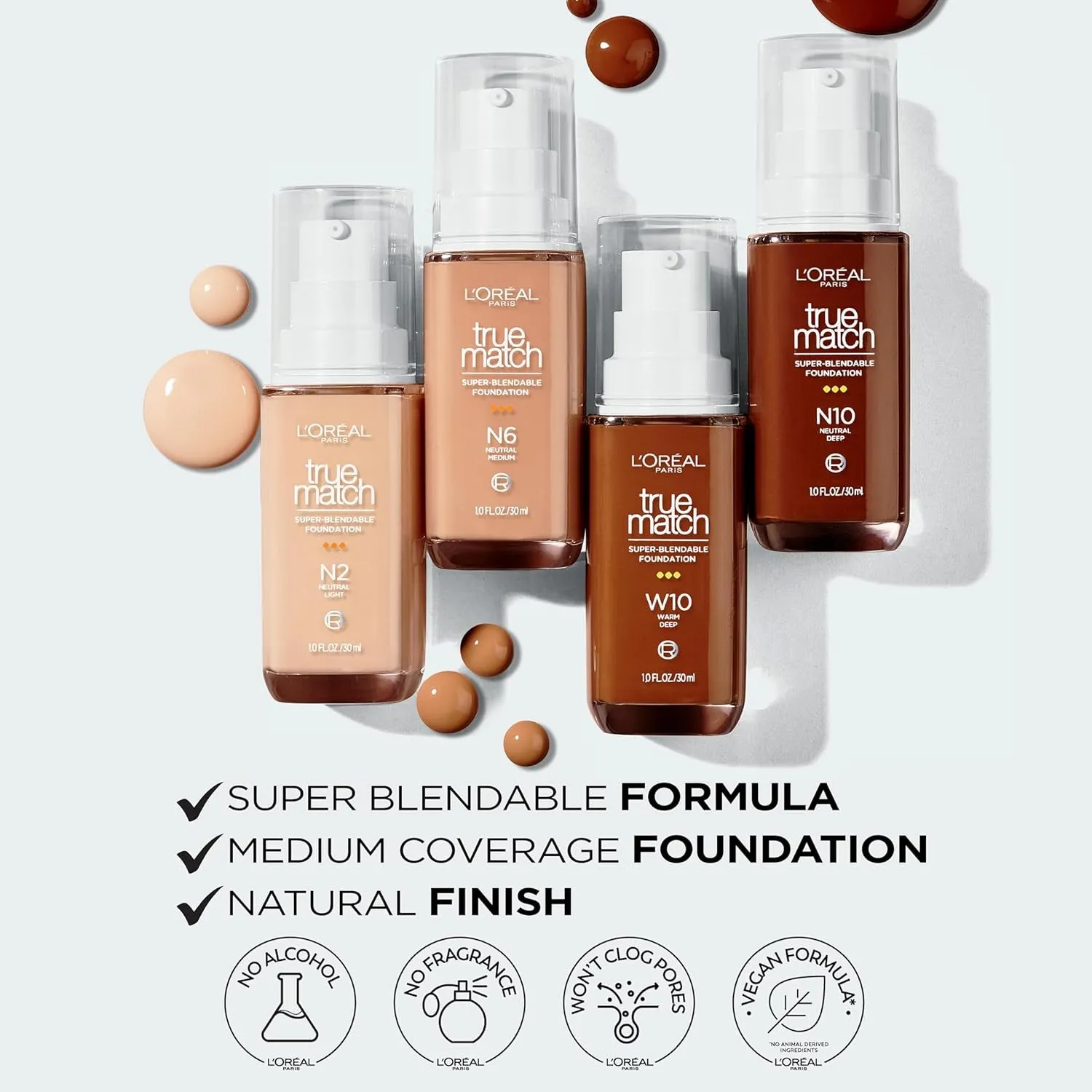 L’Oréal Paris True Match Super-Blendable Foundation, Medium Coverage Liquid Foundation Makeup, N3, Light Medium, 1 Fl Oz