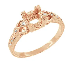 Loving Hearts 3/4 Carat Princess Cut Diamond Engraved Antique Style Engagement Ring Setting in 14 Karat Rose ( Pink ) Gold