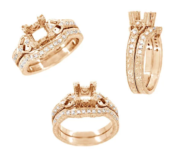 Loving Hearts 3/4 Carat Princess Cut Diamond Engraved Antique Style Engagement Ring Setting in 14 Karat Rose ( Pink ) Gold