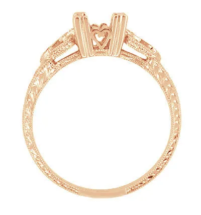 Loving Hearts 3/4 Carat Princess Cut Diamond Engraved Antique Style Engagement Ring Setting in 14 Karat Rose ( Pink ) Gold