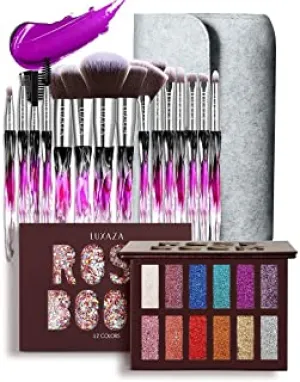 LUXAZA 15PCS Professional Makeup Brush With 12 Colors Glitter Eyeshadow Palette Shimmer High Pigmented Eyeshadow Powder Kit