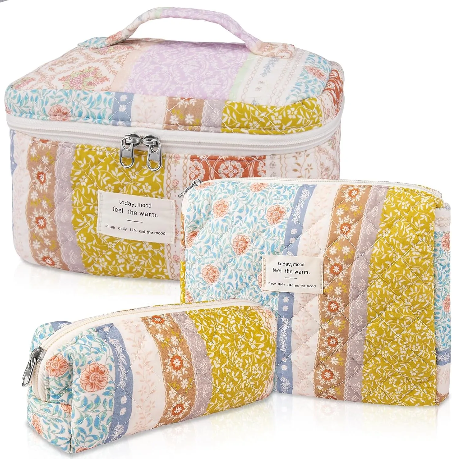 Makeup Bag Set, Quilted Makeup Bag, Large Floral Cosmetic Bag for Women, Cute Cotton Makeup Bags, Flower Travel Toiletry Organizer Bag