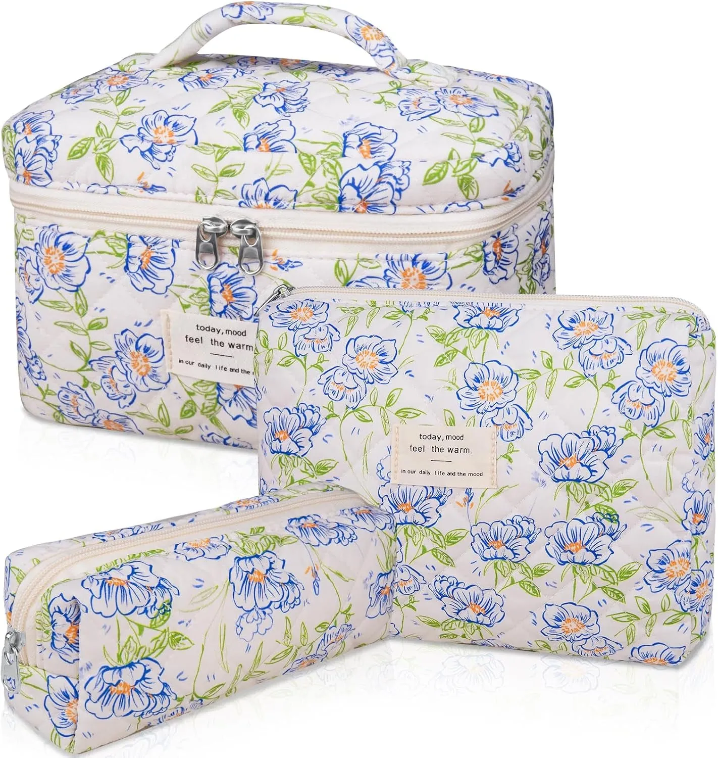 Makeup Bag Set, Quilted Makeup Bag, Large Floral Cosmetic Bag for Women, Cute Cotton Makeup Bags, Flower Travel Toiletry Organizer Bag