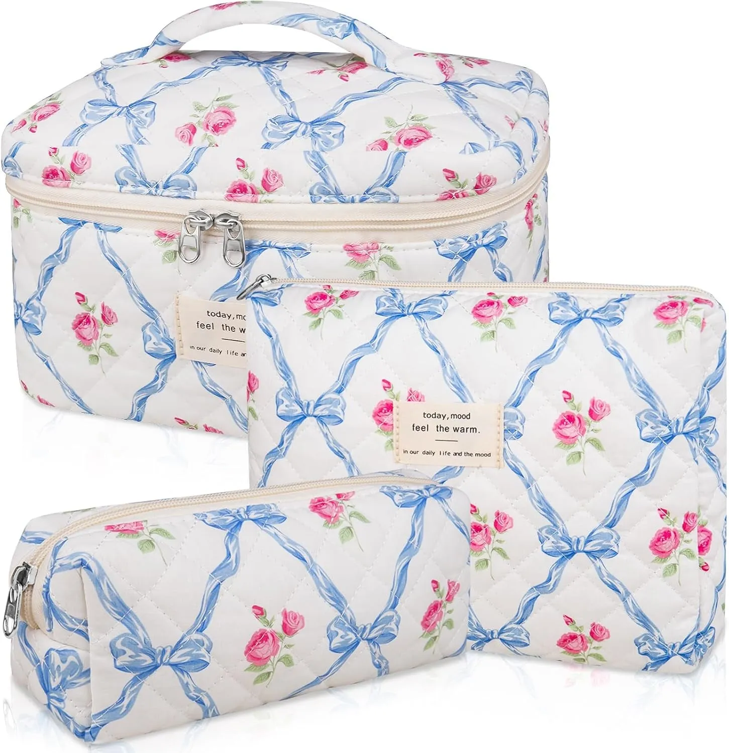 Makeup Bag Set, Quilted Makeup Bag, Large Floral Cosmetic Bag for Women, Cute Cotton Makeup Bags, Flower Travel Toiletry Organizer Bag