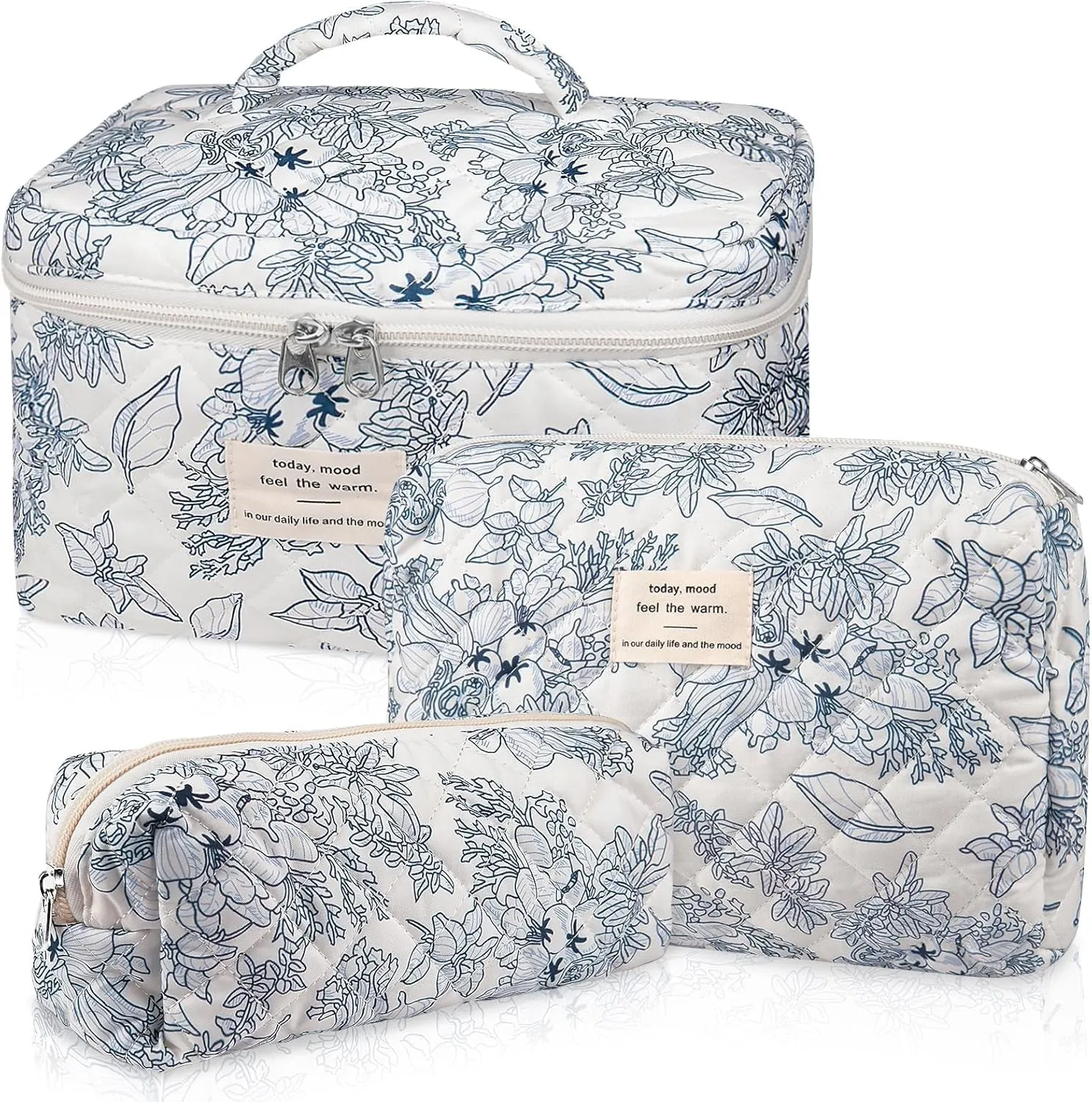 Makeup Bag Set, Quilted Makeup Bag, Large Floral Cosmetic Bag for Women, Cute Cotton Makeup Bags, Flower Travel Toiletry Organizer Bag
