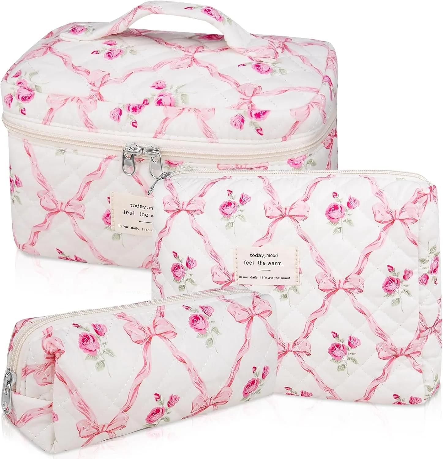 Makeup Bag Set, Quilted Makeup Bag, Large Floral Cosmetic Bag for Women, Cute Cotton Makeup Bags, Flower Travel Toiletry Organizer Bag