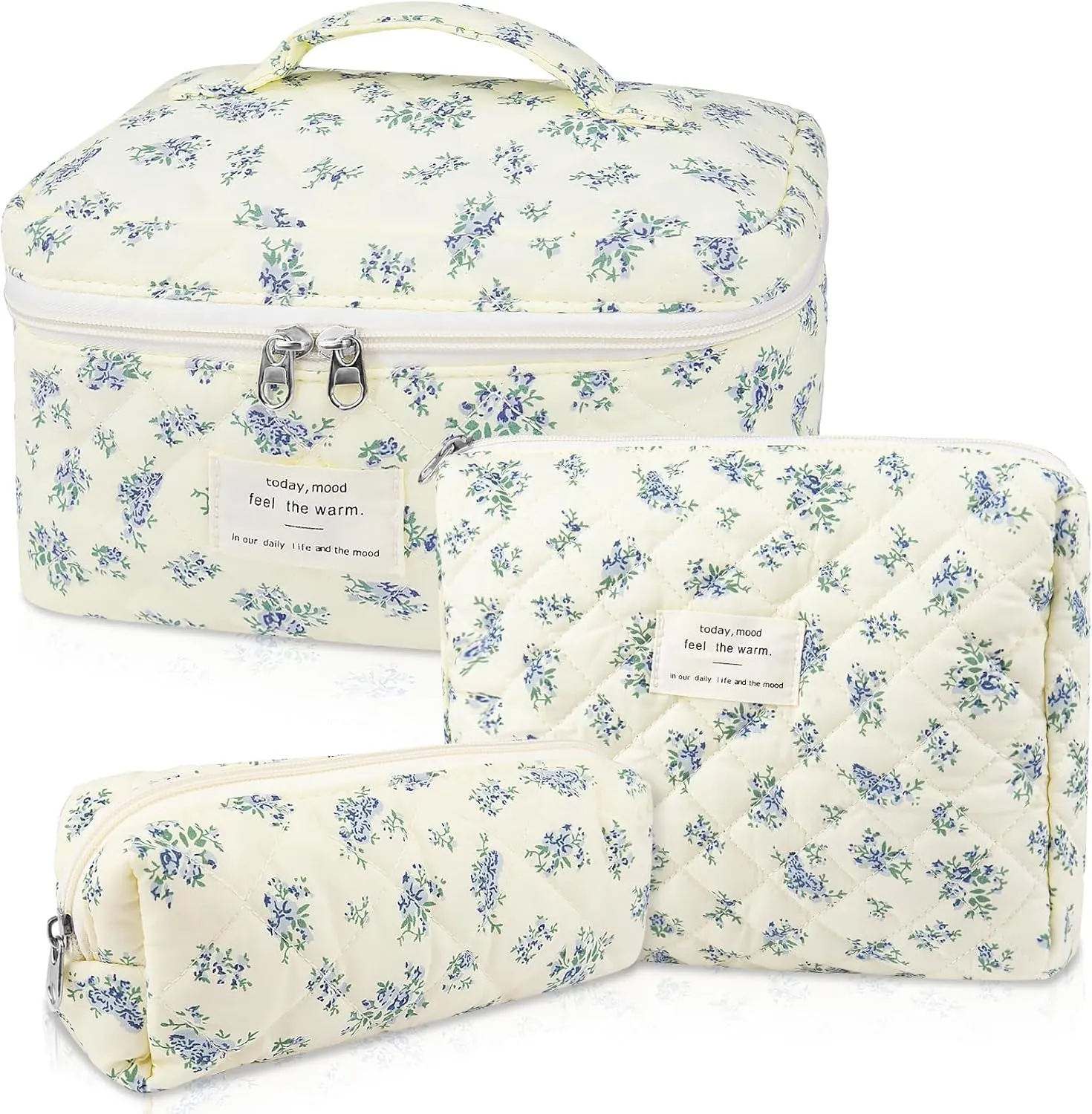 Makeup Bag Set, Quilted Makeup Bag, Large Floral Cosmetic Bag for Women, Cute Cotton Makeup Bags, Flower Travel Toiletry Organizer Bag