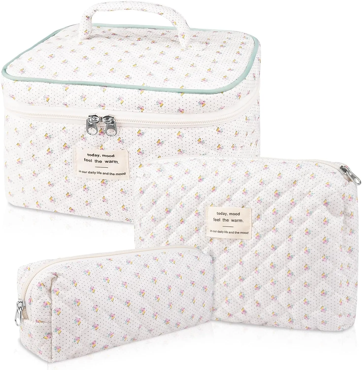 Makeup Bag Set, Quilted Makeup Bag, Large Floral Cosmetic Bag for Women, Cute Cotton Makeup Bags, Flower Travel Toiletry Organizer Bag