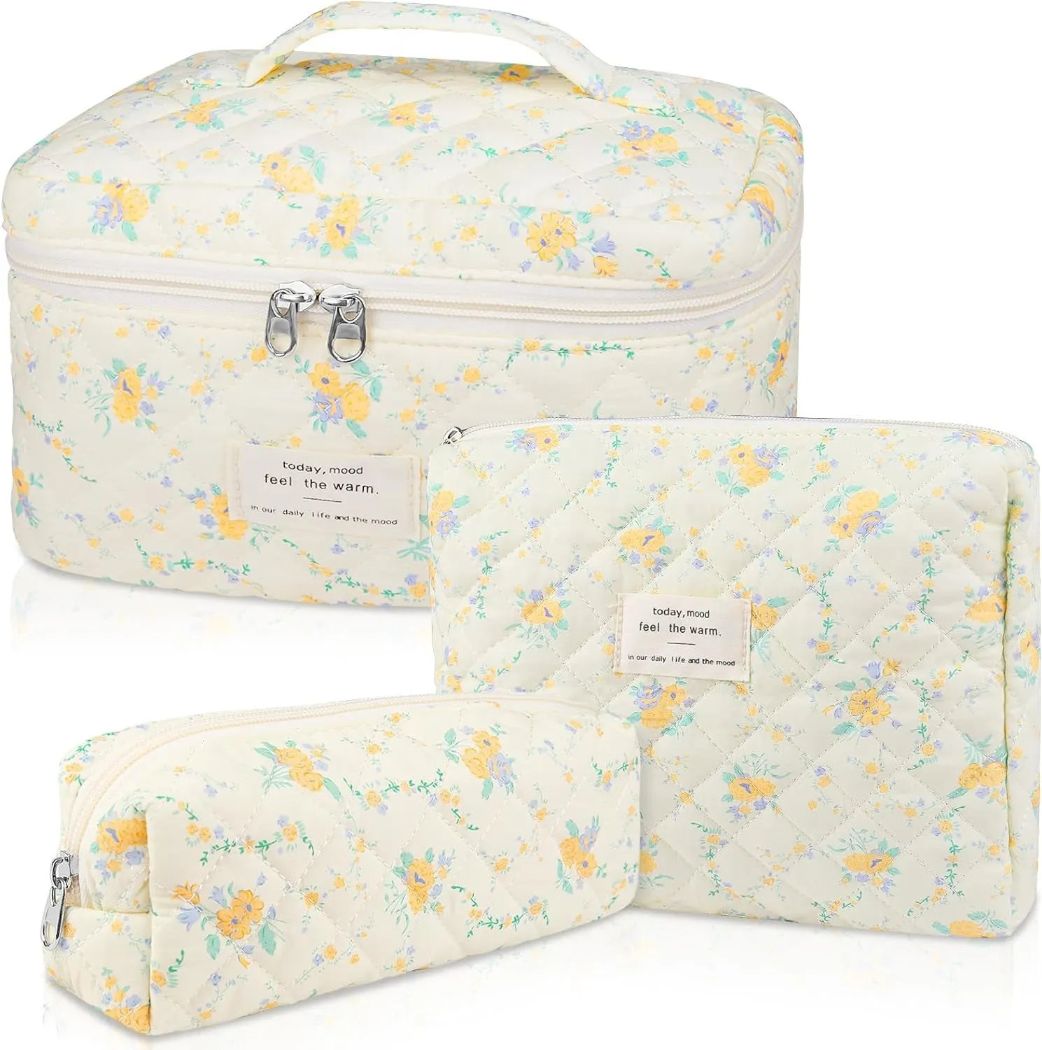 Makeup Bag Set, Quilted Makeup Bag, Large Floral Cosmetic Bag for Women, Cute Cotton Makeup Bags, Flower Travel Toiletry Organizer Bag