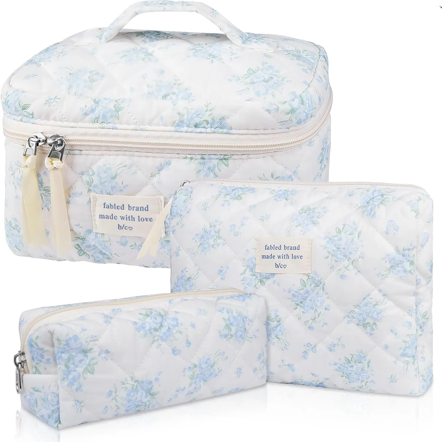 Makeup Bag Set, Quilted Makeup Bag, Large Floral Cosmetic Bag for Women, Cute Cotton Makeup Bags, Flower Travel Toiletry Organizer Bag