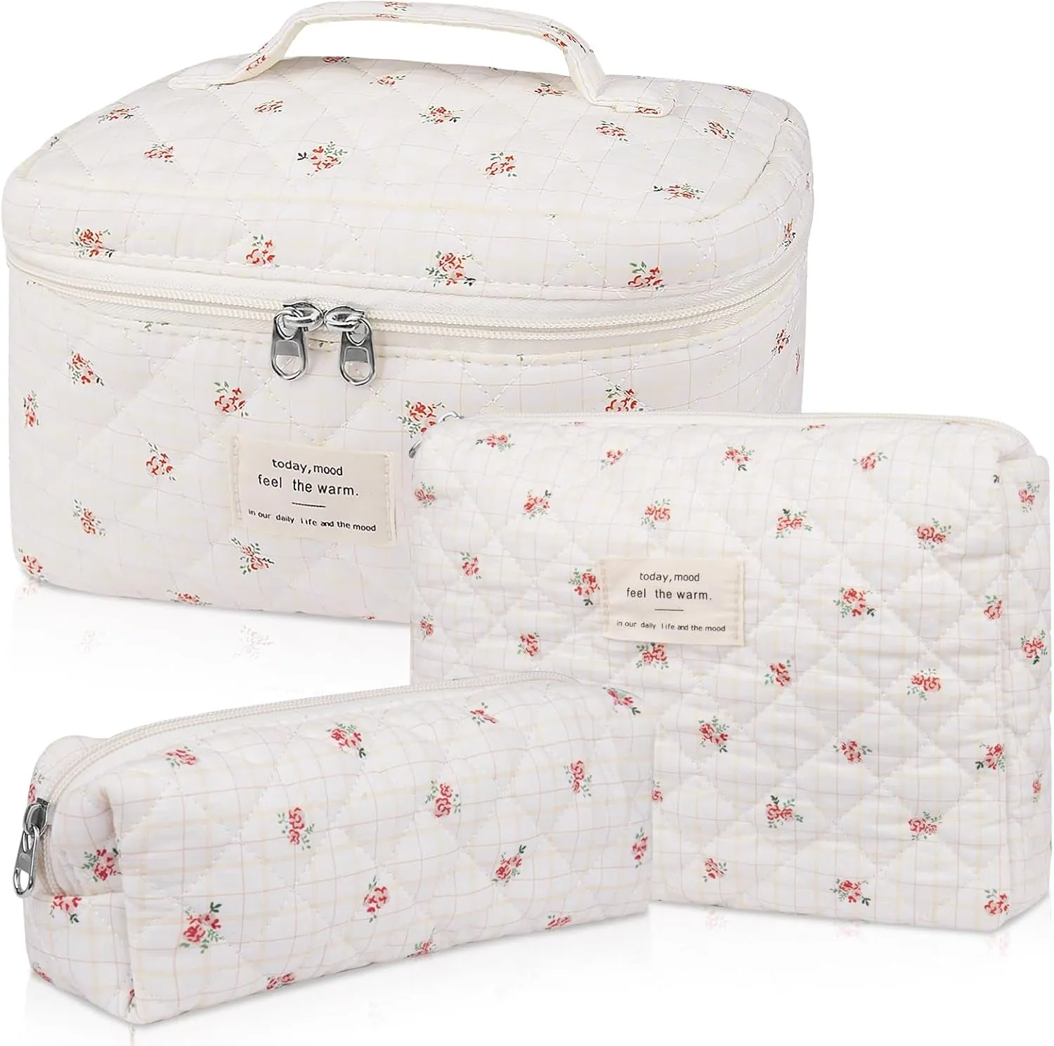 Makeup Bag Set, Quilted Makeup Bag, Large Floral Cosmetic Bag for Women, Cute Cotton Makeup Bags, Flower Travel Toiletry Organizer Bag