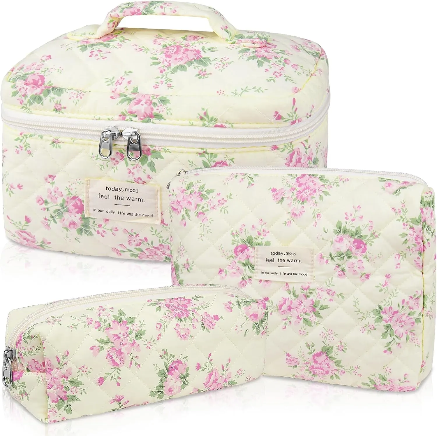 Makeup Bag Set, Quilted Makeup Bag, Large Floral Cosmetic Bag for Women, Cute Cotton Makeup Bags, Flower Travel Toiletry Organizer Bag
