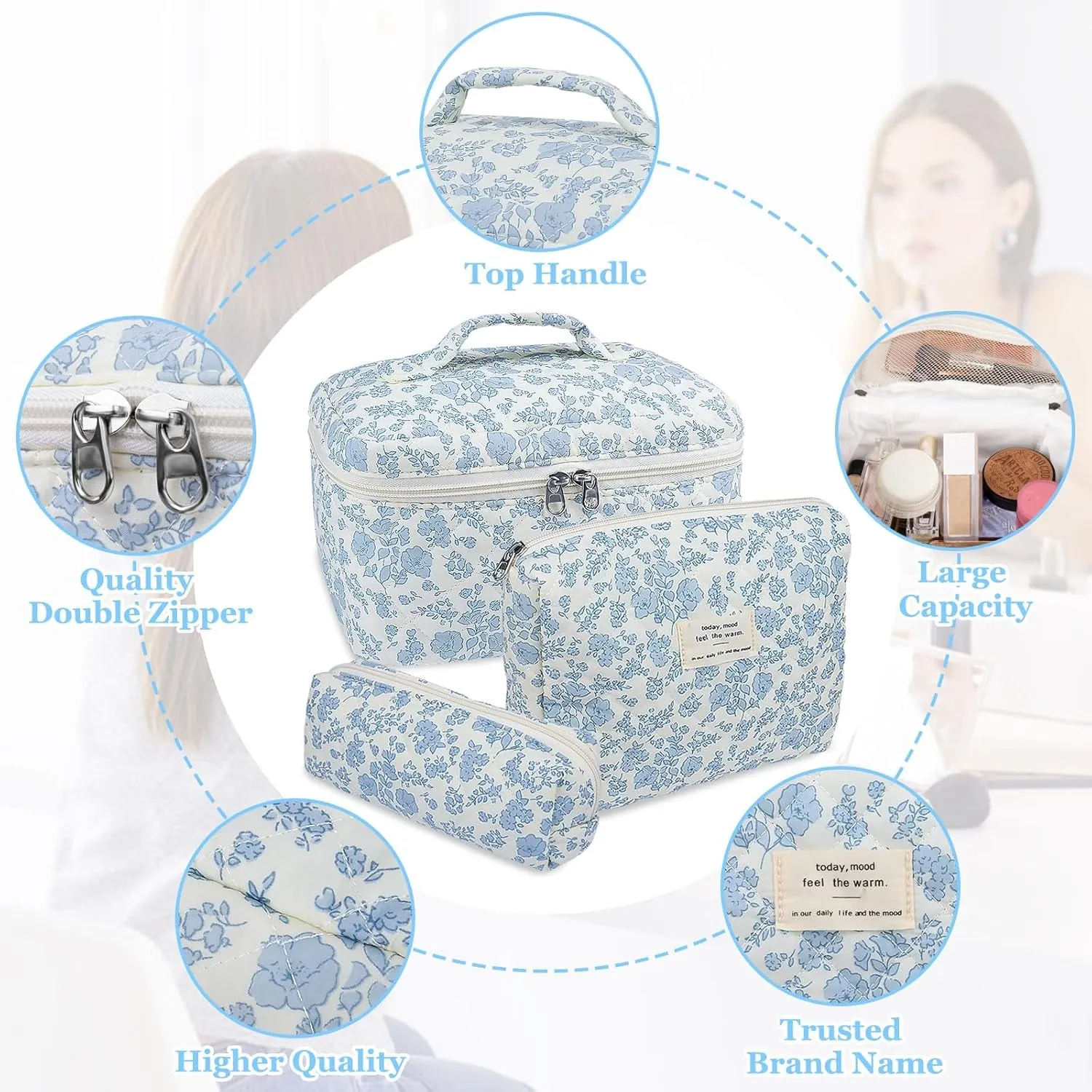 Makeup Bag Set, Quilted Makeup Bag, Large Floral Cosmetic Bag for Women, Cute Cotton Makeup Bags, Flower Travel Toiletry Organizer Bag