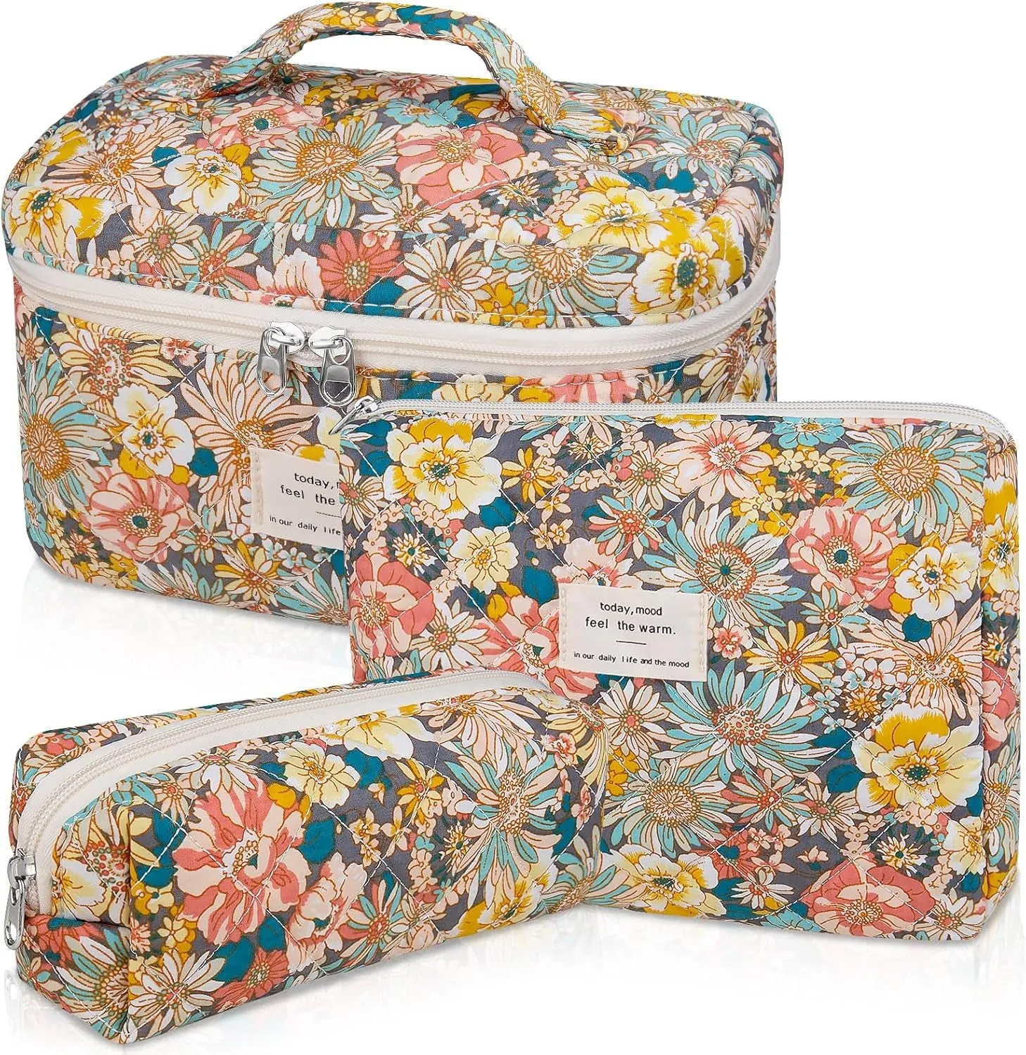 Makeup Bag Set, Quilted Makeup Bag, Large Floral Cosmetic Bag for Women, Cute Cotton Makeup Bags, Flower Travel Toiletry Organizer Bag