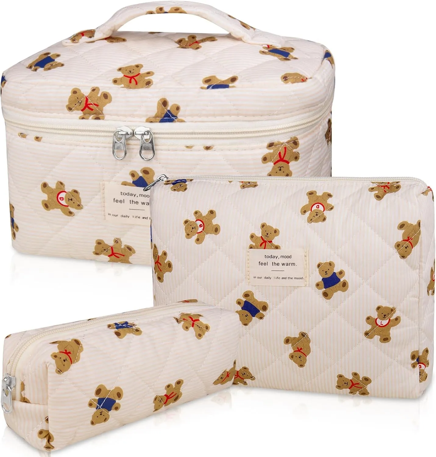 Makeup Bag Set, Quilted Makeup Bag, Large Floral Cosmetic Bag for Women, Cute Cotton Makeup Bags, Flower Travel Toiletry Organizer Bag