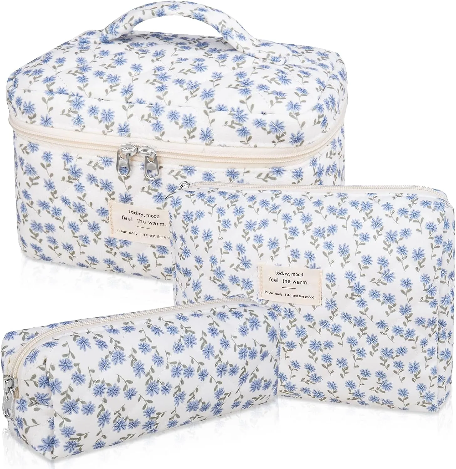 Makeup Bag Set, Quilted Makeup Bag, Large Floral Cosmetic Bag for Women, Cute Cotton Makeup Bags, Flower Travel Toiletry Organizer Bag