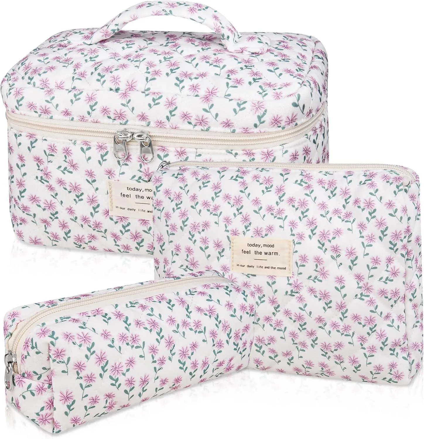 Makeup Bag Set, Quilted Makeup Bag, Large Floral Cosmetic Bag for Women, Cute Cotton Makeup Bags, Flower Travel Toiletry Organizer Bag