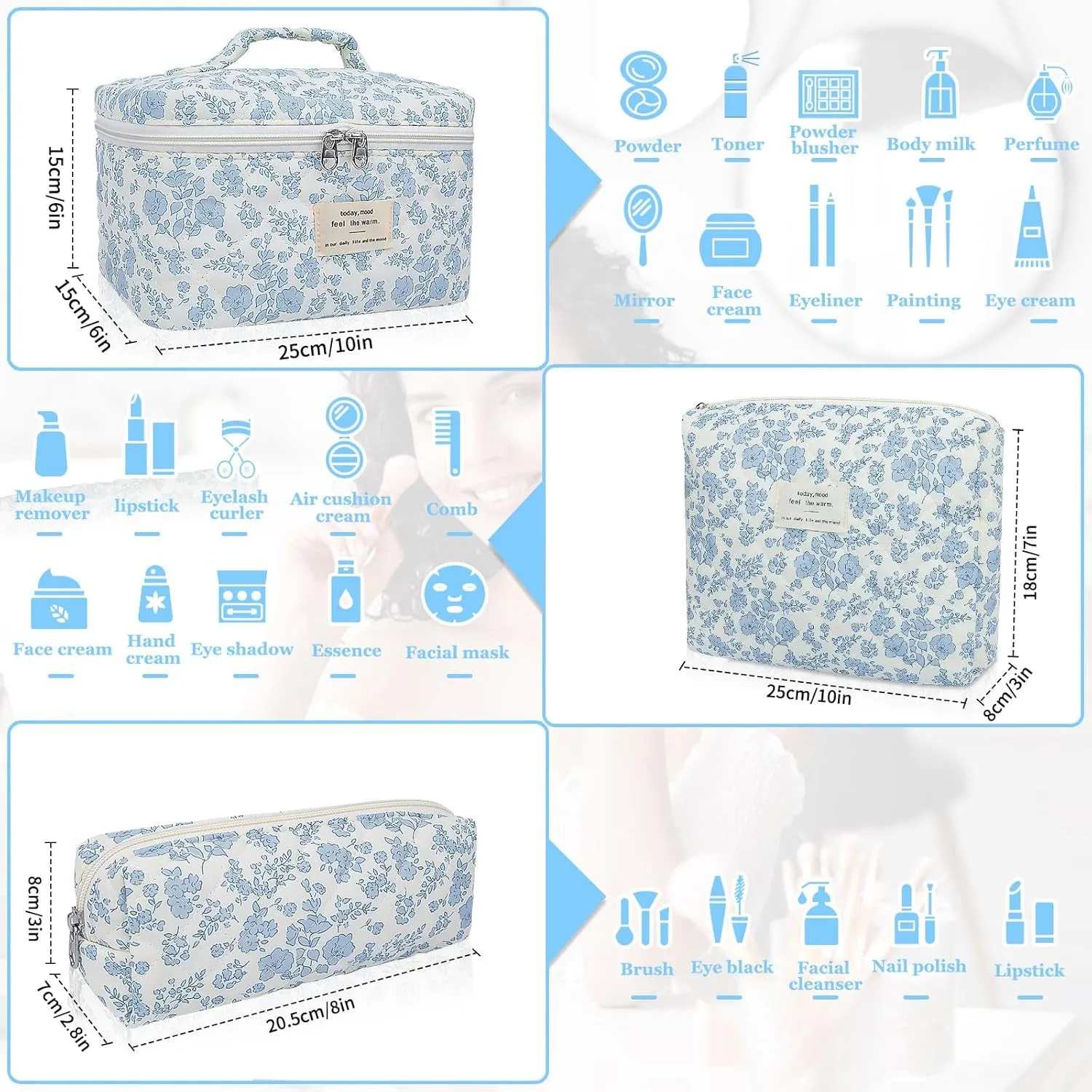 Makeup Bag Set, Quilted Makeup Bag, Large Floral Cosmetic Bag for Women, Cute Cotton Makeup Bags, Flower Travel Toiletry Organizer Bag